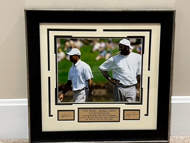Etched autographed photo of Tiger Woods-Michael Jordan