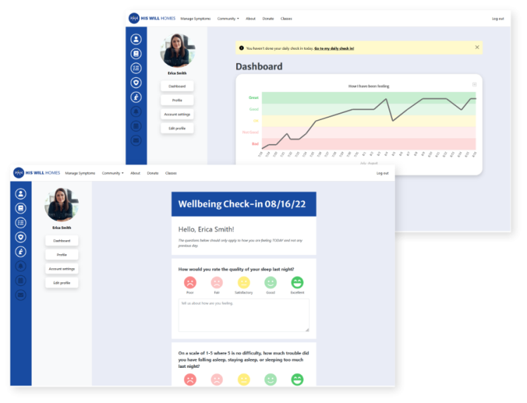 Interfaces of the well-being check in and dashboard
