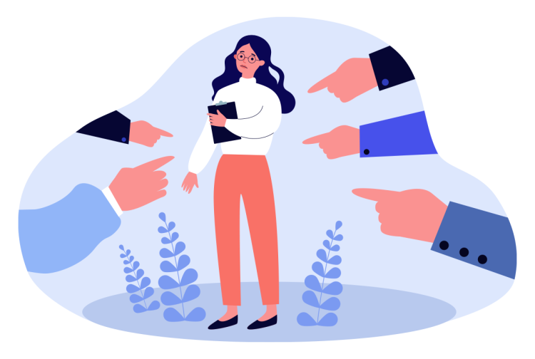 Graphic of a woman being pointed at by several hands