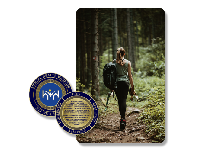 Woman walking in the forest holding a bow and the Mental Health Warrior Coins