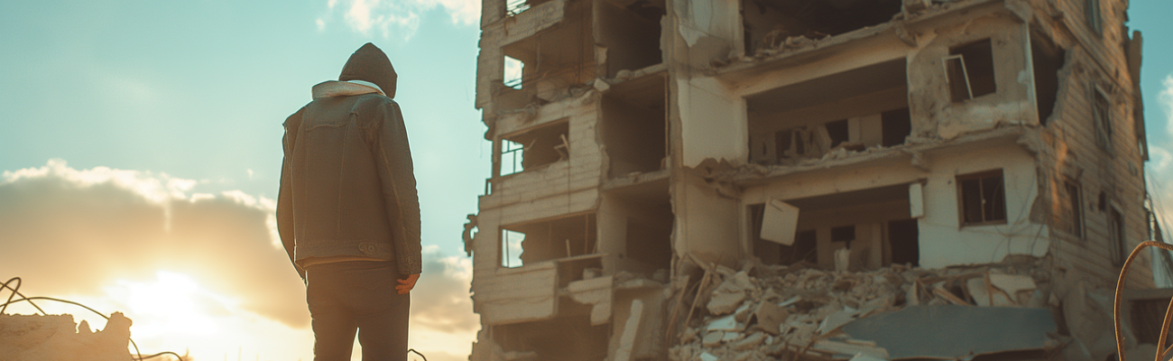 A person standing in front of a destroyed building