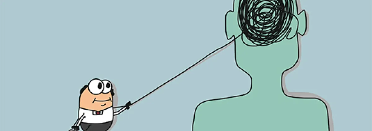 Cartoon showing man holding the string of a tangled mess in a brain