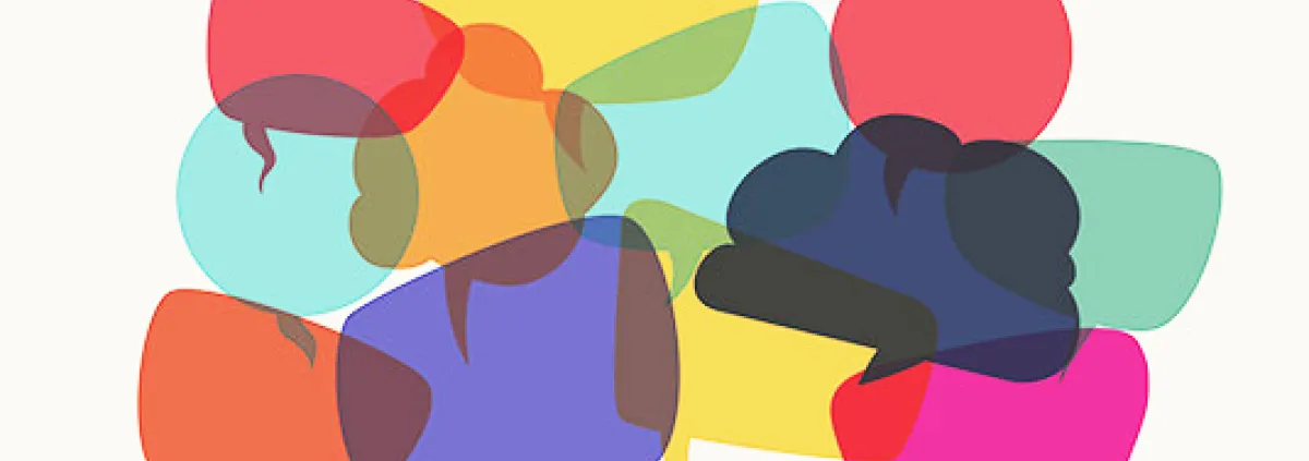 cartoon talking bubbles overlapped showing mixed messages