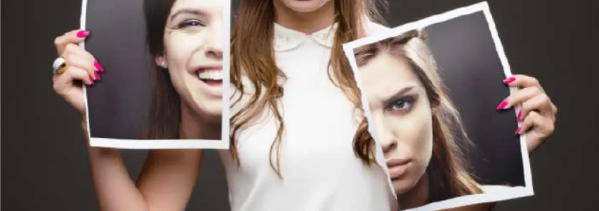 woman holding 2 half photos of herself
