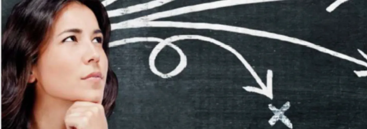 Woman at chalkboard with direction lines going different ways